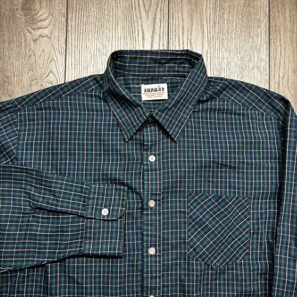Vintage Impact Mens XL Plaid Button Down Shirt Green Blue Permanent Press